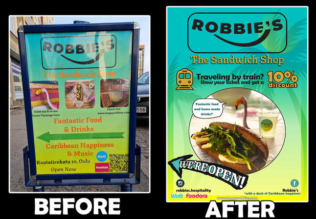Before and after poster for a local sandwich shop
